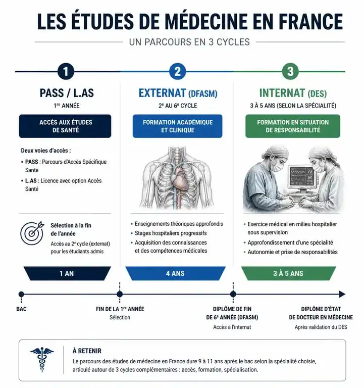Infographie du parcours d'études pour devenir médecin généraliste en France, illustrant les cycles PASS, L.AS, externat et internat.