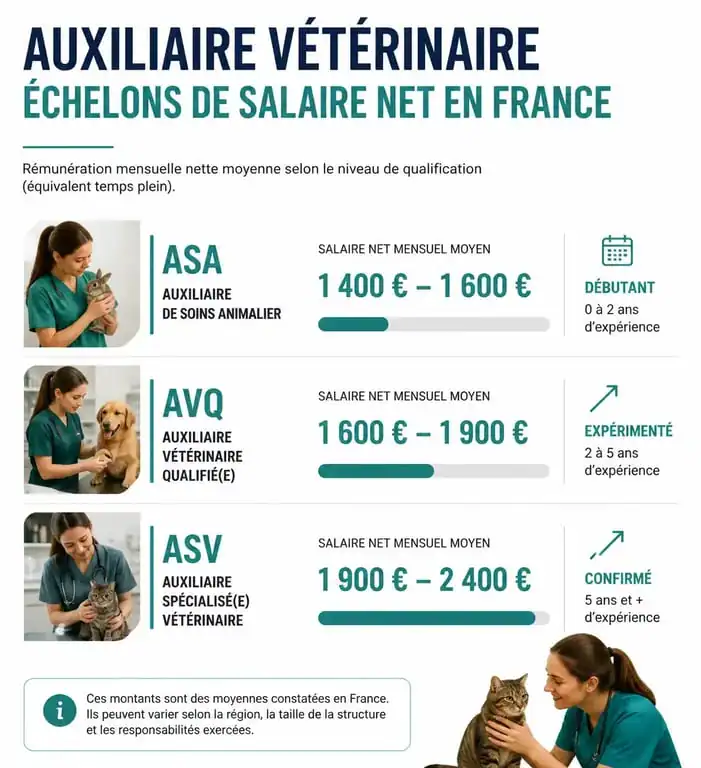 Grille des salaires nets pour auxiliaire vétérinaire en France par échelon et qualification