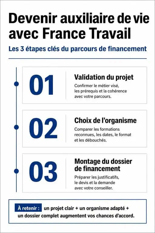 Infographie des étapes pour obtenir une formation d'auxiliaire de vie avec France Travail