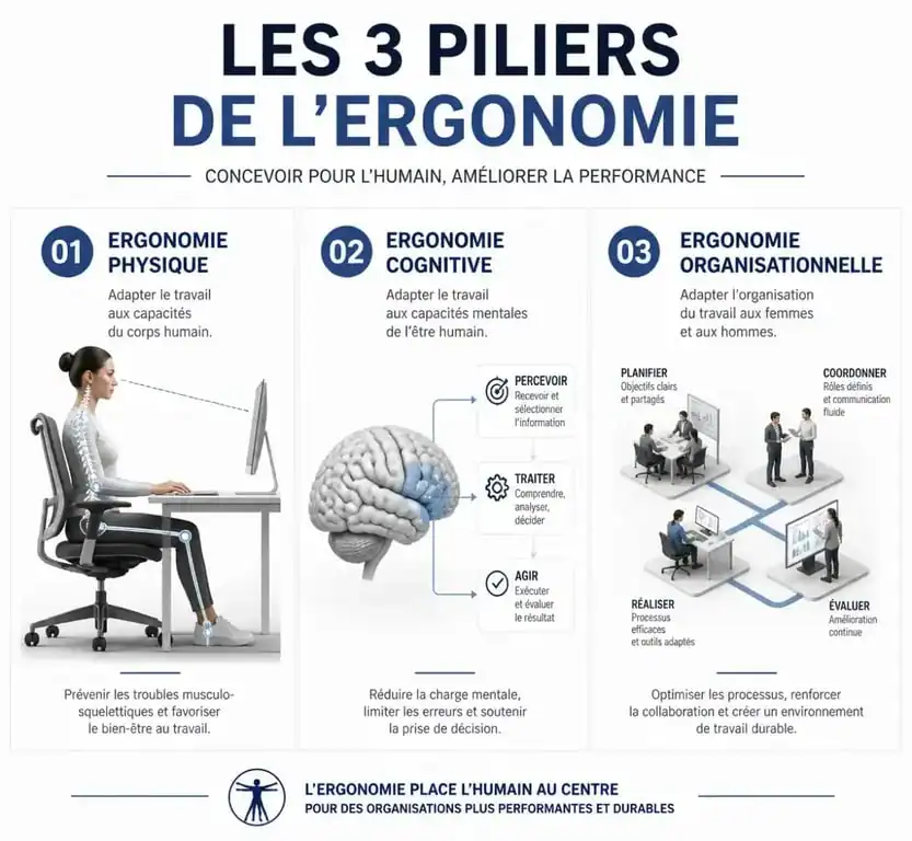 Infographie des trois piliers de l'ergonomie : physique, cognitive et organisationnelle pour comprendre le rôle de l'ergonome