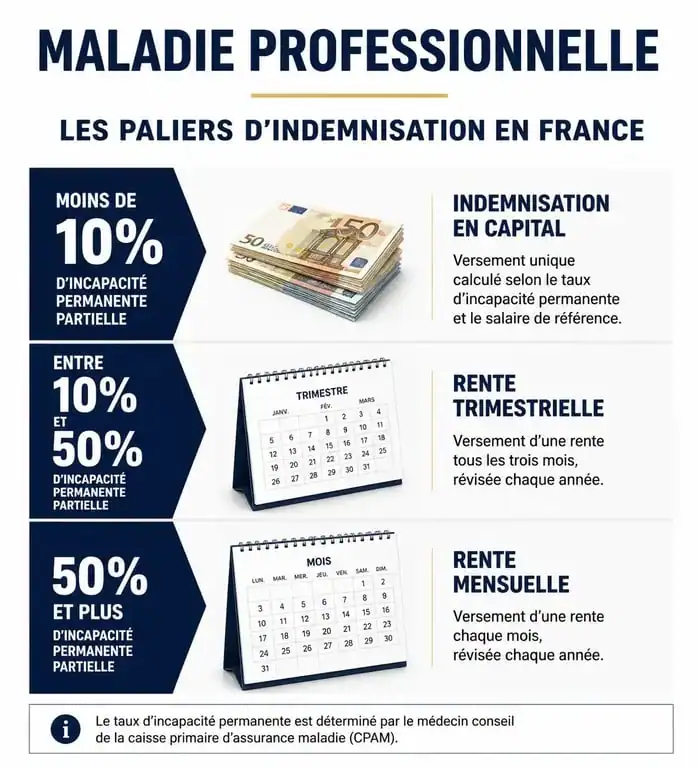 Infographie des paliers d'indemnisation et rente après reconnaissance d'une maladie professionnelle