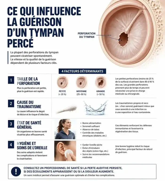 Infographie sur les facteurs influençant la récupération de l'audition après un tympan percé