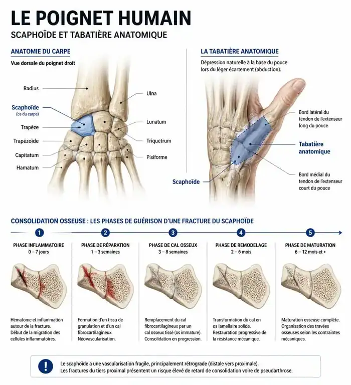 Schéma anatomique et étapes de guérison d'une fracture du scaphoïde