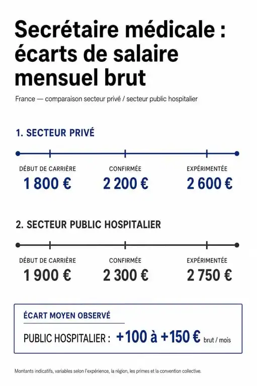 Infographie comparative du salaire d'une secrétaire médicale dans le secteur public et privé en France