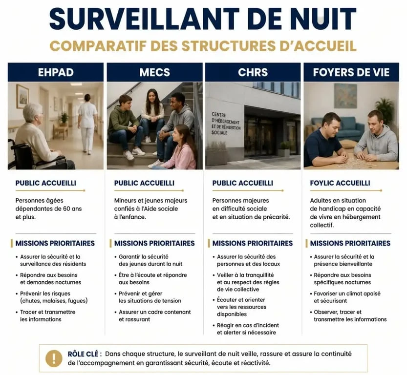 Tableau comparatif des missions de surveillant de nuit sans diplôme par type d'établissement