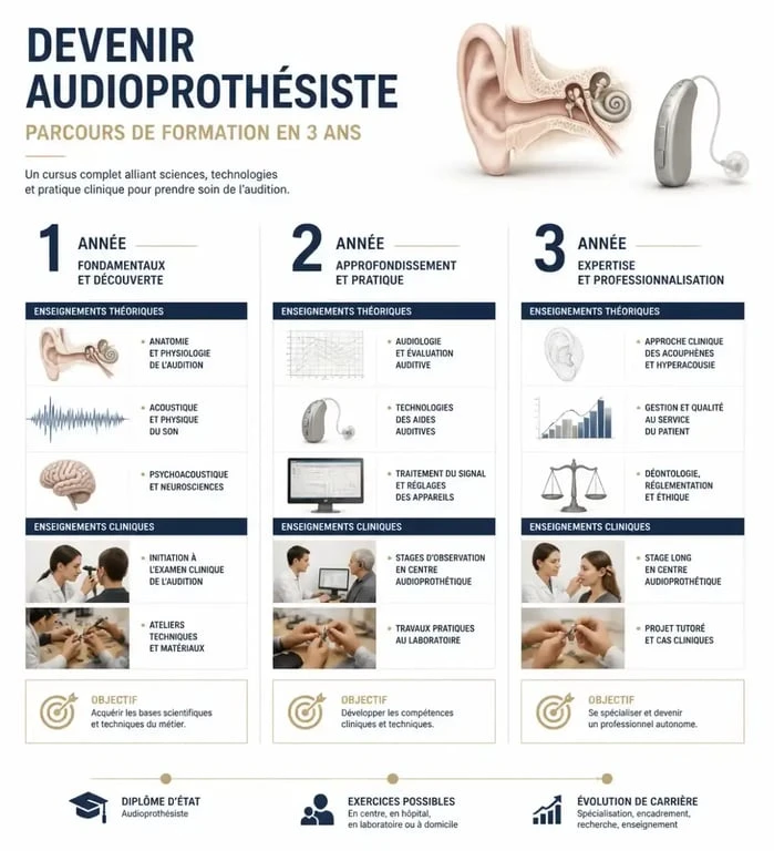 Infographie du parcours de formation du diplôme d'État d'audioprothésiste sur 3 ans