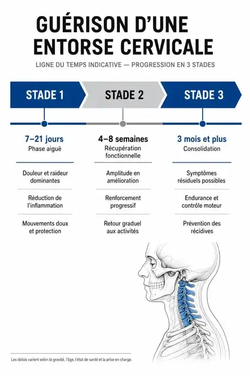 Infographie des délais de guérison d'une entorse cervicale selon la gravité