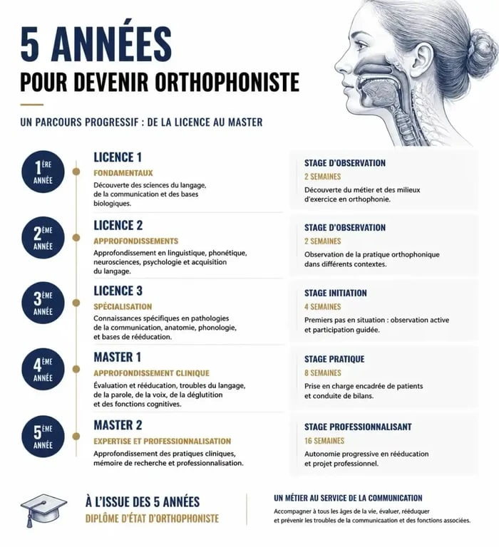 Infographie du parcours d'études pour devenir orthophoniste en France