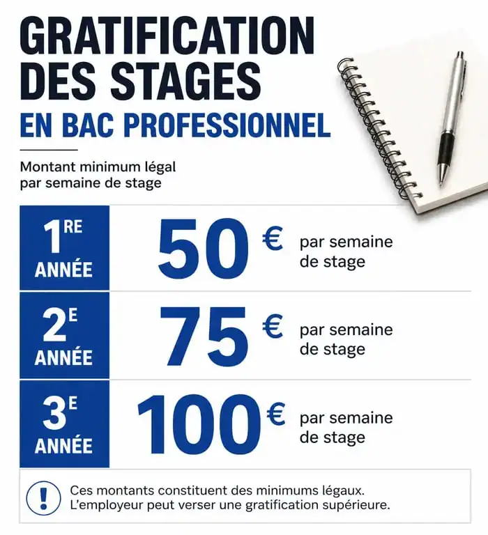 Infographie des montants de gratification de stage pour les élèves en bac pro