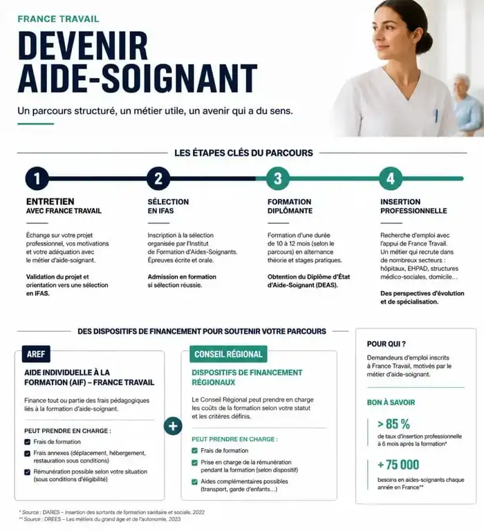 Infographie du parcours de formation aide-soignant et dispositifs de financement France Travail