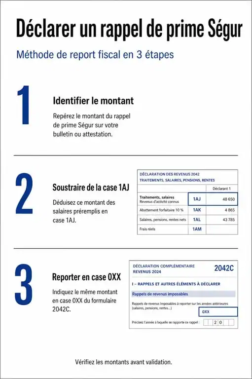 Schéma des étapes de déclaration fiscale de la prime Ségur imposable sur le formulaire 2042C