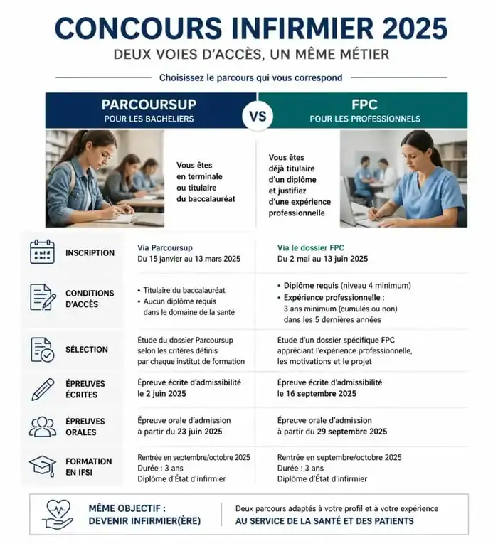 Infographie comparative des voies d'accès au concours infirmier 2025 : Parcoursup et Formation Professionnelle Continue