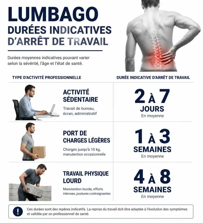 Infographie des durées d'arrêt de travail pour un lumbago selon la Haute Autorité de Santé
