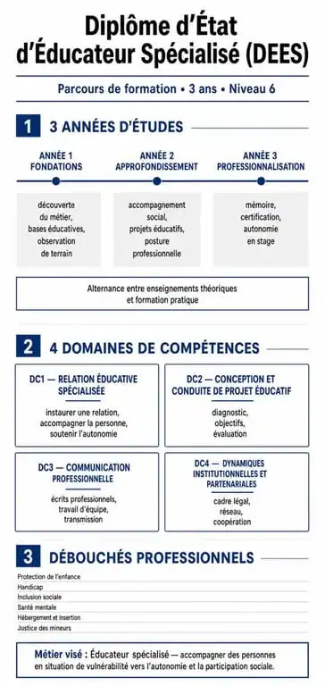 Infographie récapitulative du cursus pour devenir éducateur spécialisé et obtenir le DEES