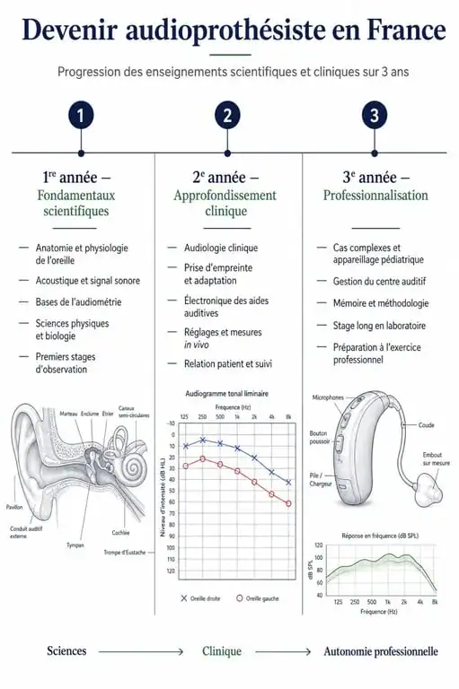 Schéma du parcours d'études pour devenir audioprothésiste en France
