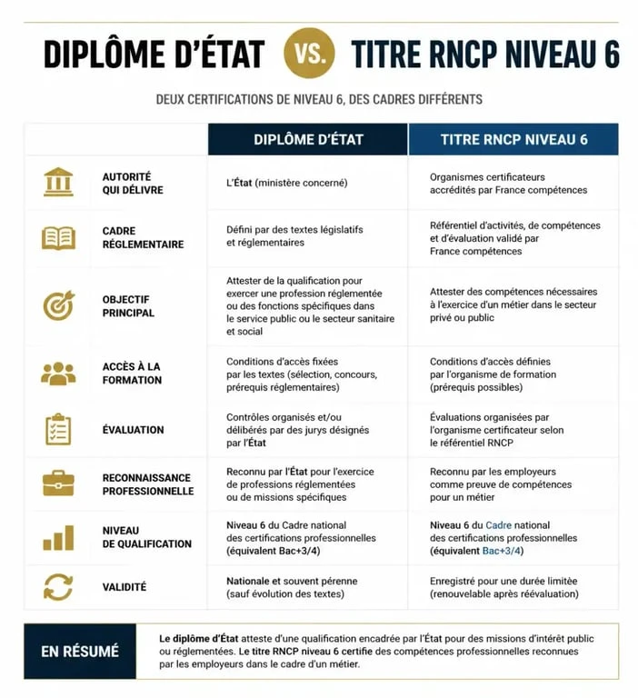 Infographie comparative entre diplôme d'État et titre RNCP niveau 6 pour comprendre les différences de certification