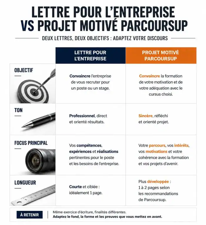 Infographie comparative : lettre de motivation pour entreprise vs projet motivé Parcoursup pour BTS en alternance