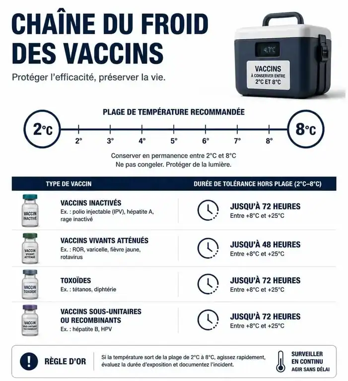 Infographie sur la durée de conservation des vaccins hors du réfrigérateur et respect de la chaîne du froid