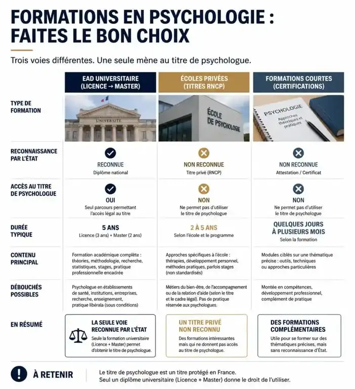 Tableau comparatif des formations en psychologie à distance reconnues par l'État