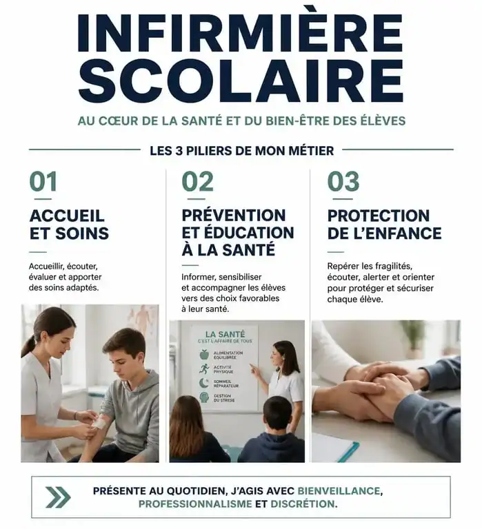 Infographie des missions principales d'une infirmière scolaire : soins, prévention et protection de l'enfance.