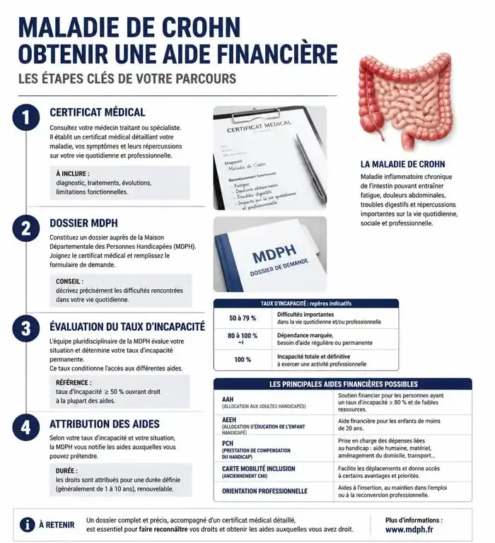 Infographie des étapes pour obtenir une aide financière avec la maladie de Crohn