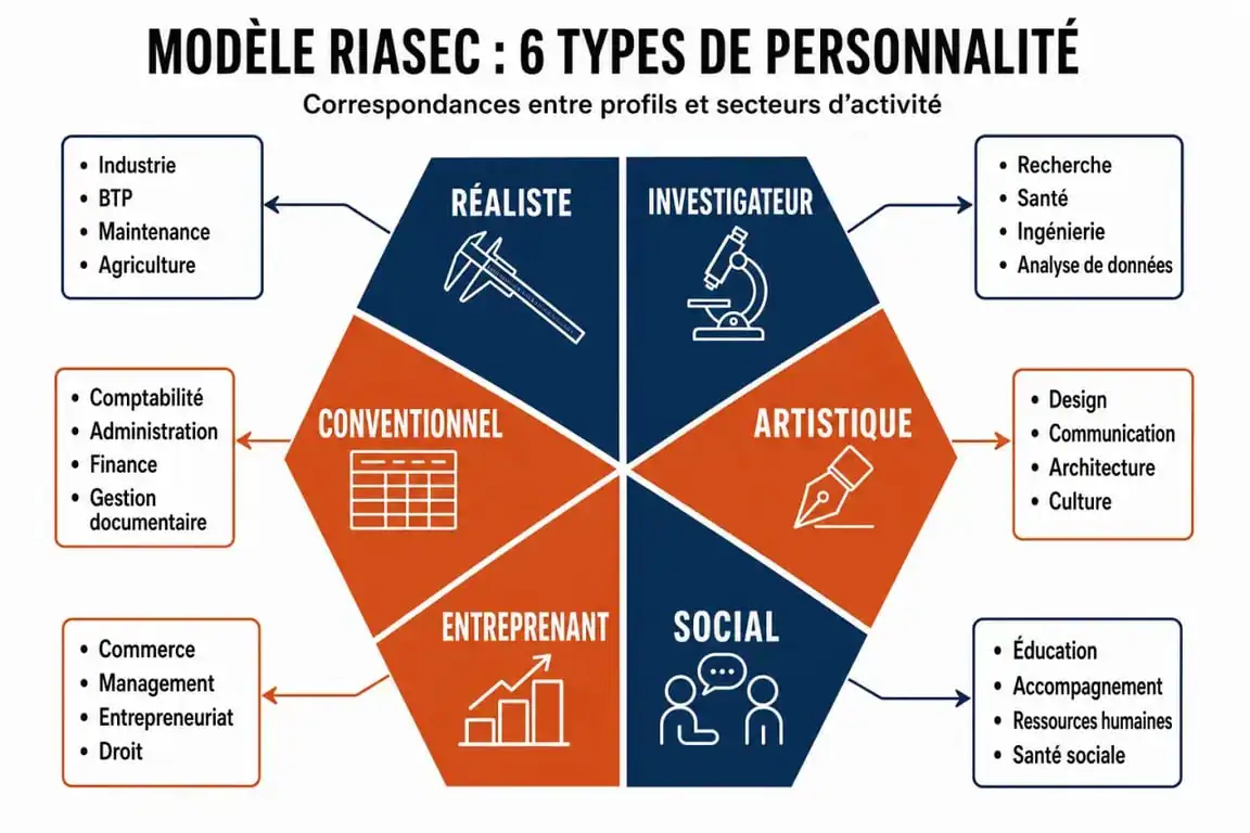 Infographie des profils RIASEC pour aider à répondre à la question quel métier est fait pour moi