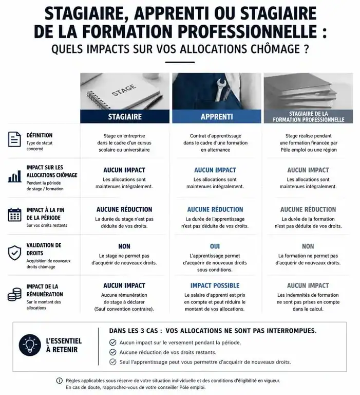 Infographie comparative des impacts des statuts de stagiaire et alternant sur les allocations chômage