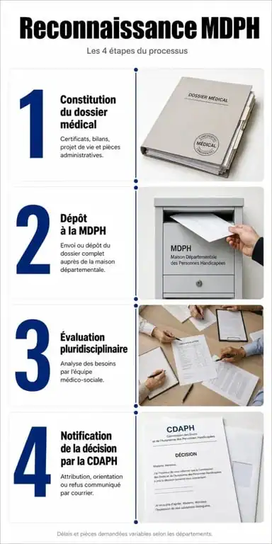 Infographie des étapes de la procédure de reconnaissance MDPH pour les maladies reconnues