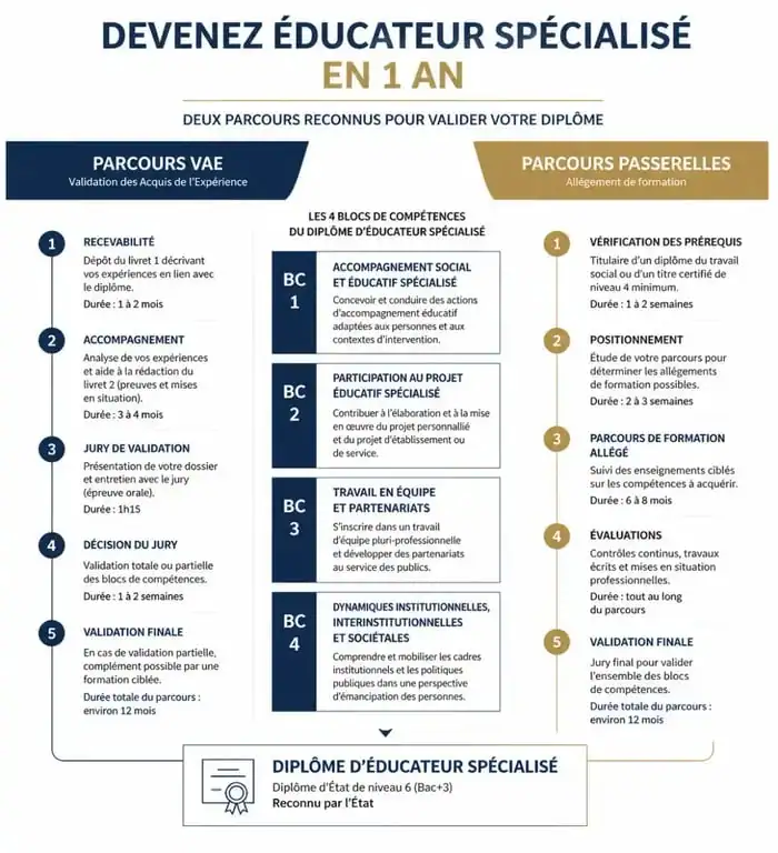 Schéma des voies d'accès pour une formation éducateur spécialisé en 1 an