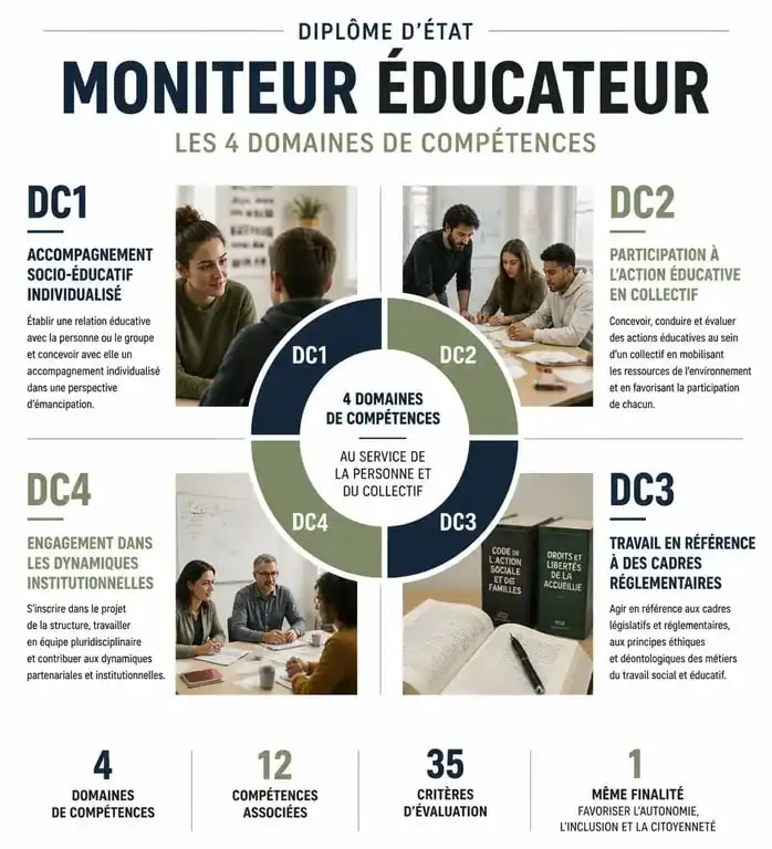 Infographie des 4 domaines de compétences du référentiel moniteur éducateur