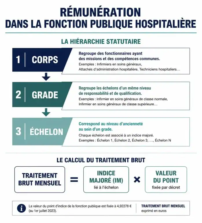 Schéma explicatif de la grille de salaire dans la fonction publique hospitalière et calcul du traitement brut