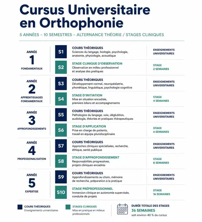 Infographie du cursus d'études d'orthophoniste en 5 ans pour les candidats en reconversion
