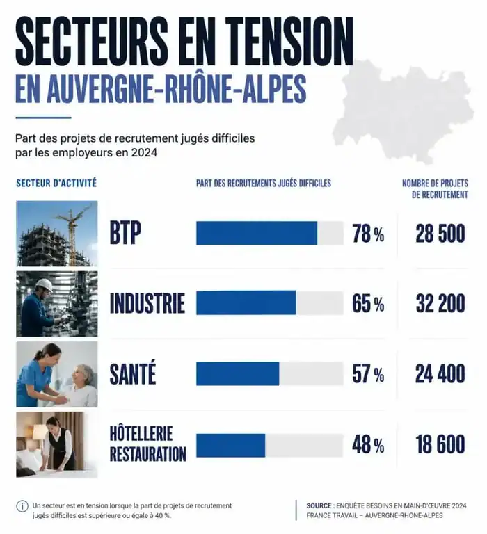 Infographie des secteurs en tension et métiers en pénurie de main-d'œuvre en Auvergne-Rhône-Alpes