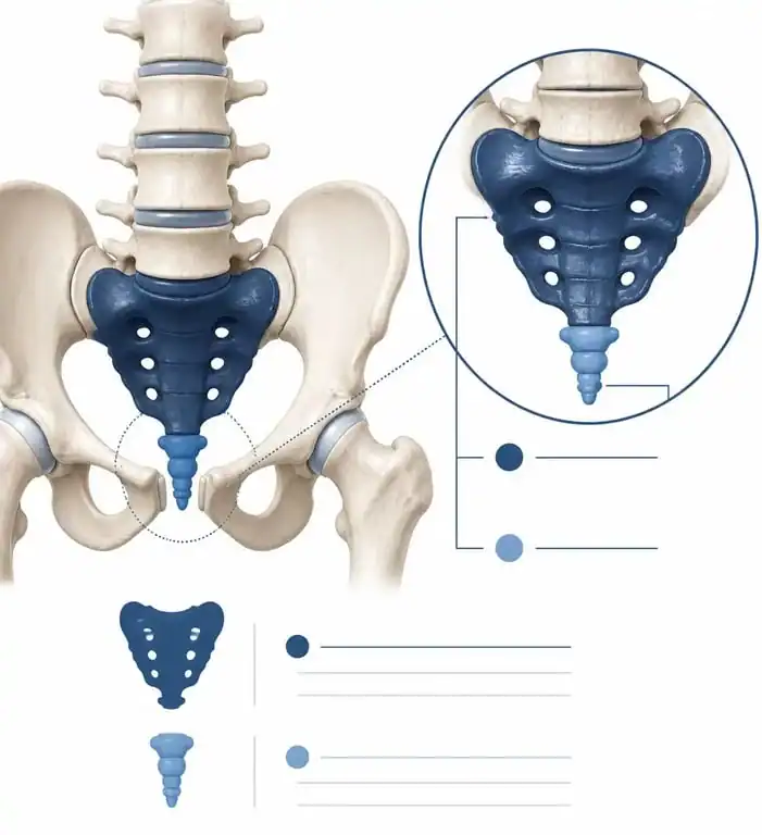Schéma anatomique illustrant la position du sacrum et du coccyx pour mieux comprendre les douleurs coccyx et sacrum