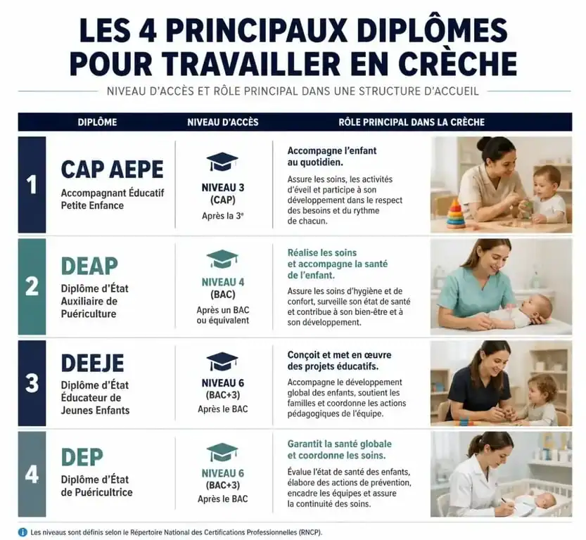 Infographie des diplômes pour travailler en crèche : CAP AEPE, DEAP, DEEJE et DEP