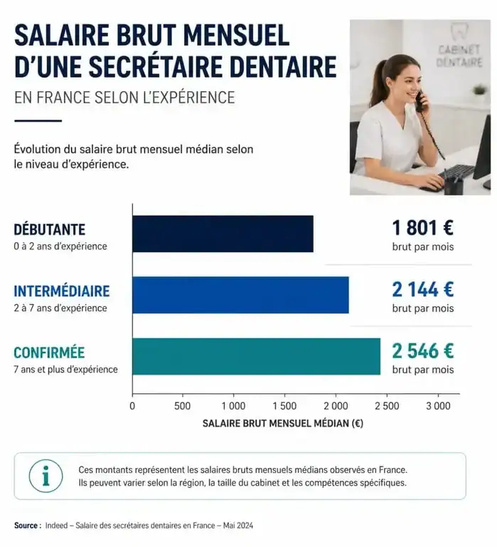 Infographie montrant l'évolution du salaire brut mensuel d'une secrétaire dentaire en France selon l'expérience