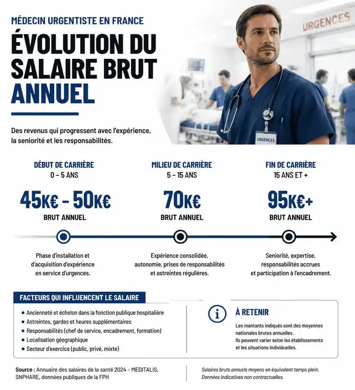 Évolution du salaire brut annuel d'un médecin urgentiste en France selon l'ancienneté