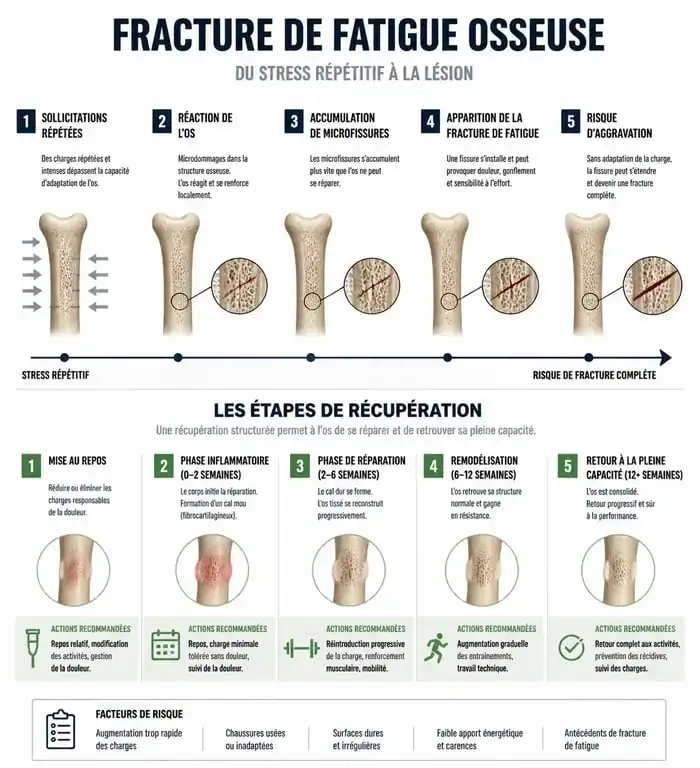 Infographie expliquant le processus de guérison d'une fracture de fatigue et les conseils pour le travail