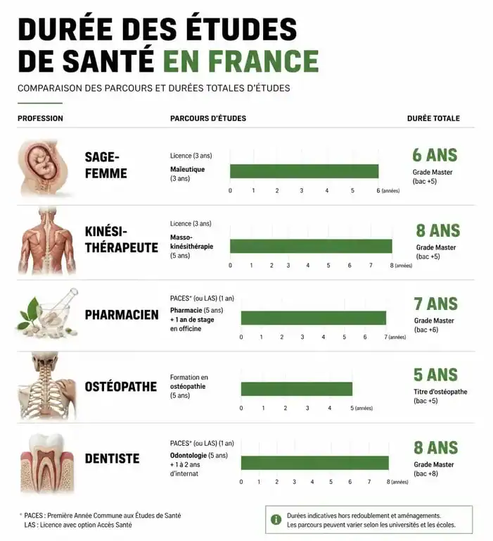 Infographie comparative des durées d'études de médecine et filières de santé courtes