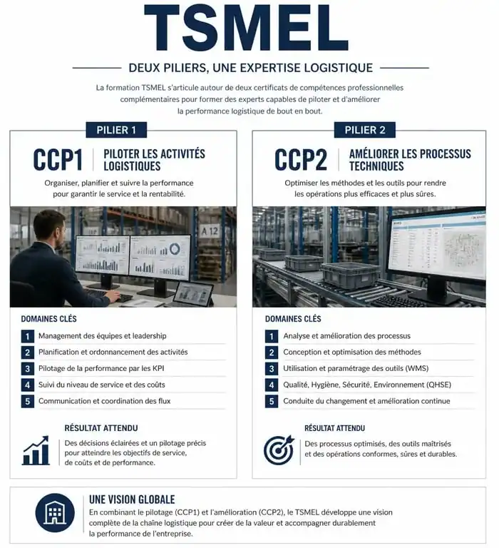 Infographie des blocs de compétences de la formation TSMEL : pilotage des activités et méthodes logistiques