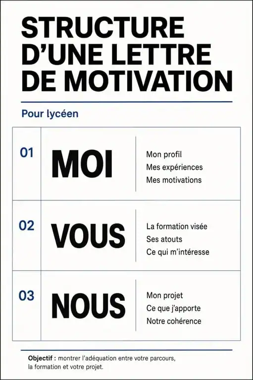 Structure d'une lettre de motivation pour lycéen avec les trois piliers Moi, Vous et Nous