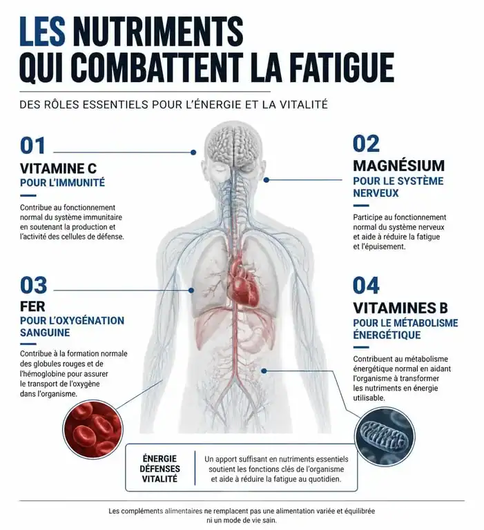 Infographie sur les nutriments essentiels et médicaments contre la fatigue pour retrouver de l'énergie
