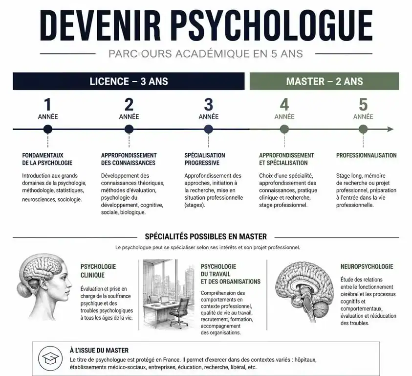 Infographie du parcours d'études pour devenir psychologue en France