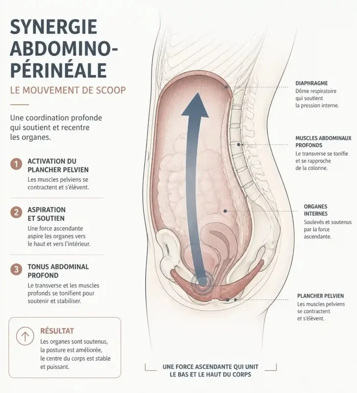 Schéma explicatif du mouvement de scoop en kinésithérapie périnéale pour la rééducation du plancher pelvien