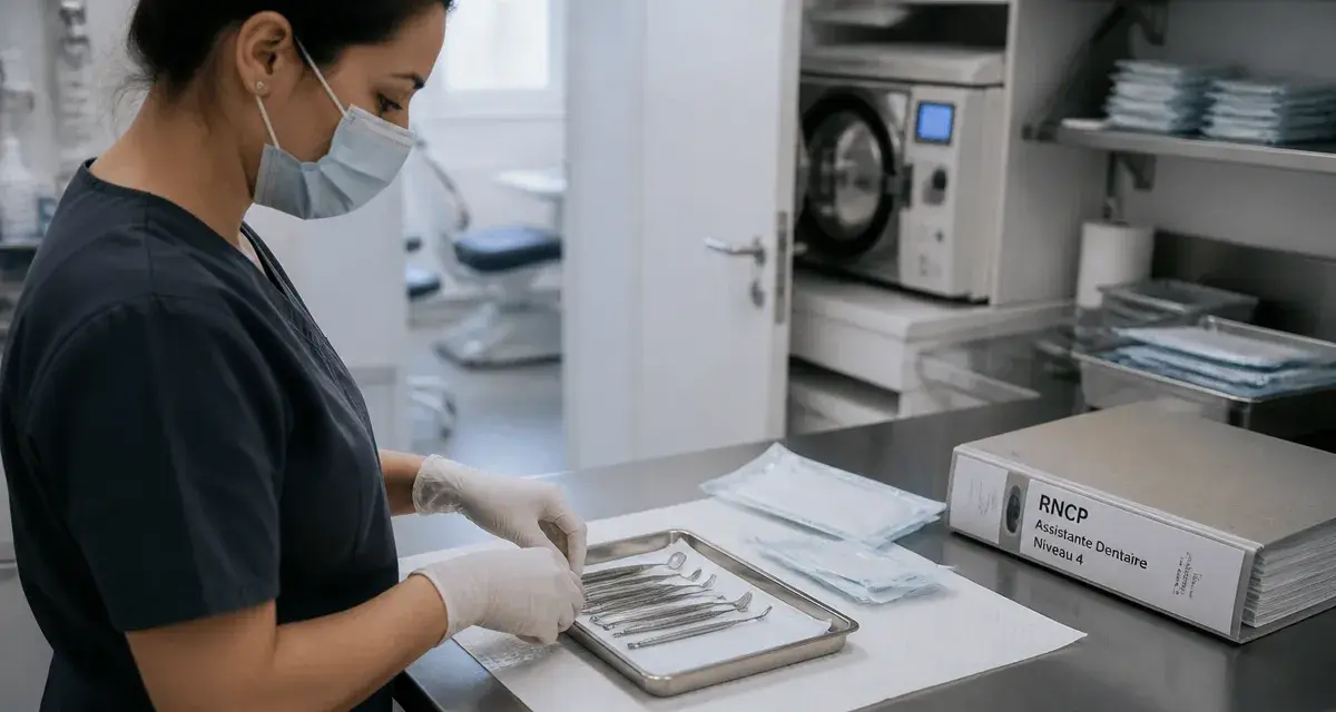 Etude assistante dentaire : assistante dentaire prépare un plateau d’instruments