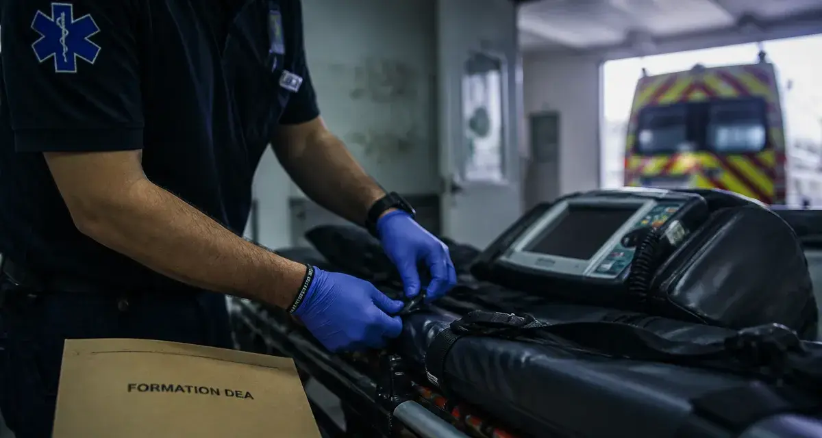 Formation ambulancier en alternance DEA en entreprise, ambulancier vérifie le matériel