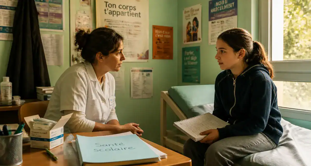 infirmiere scolaire avec eleve en infirmerie