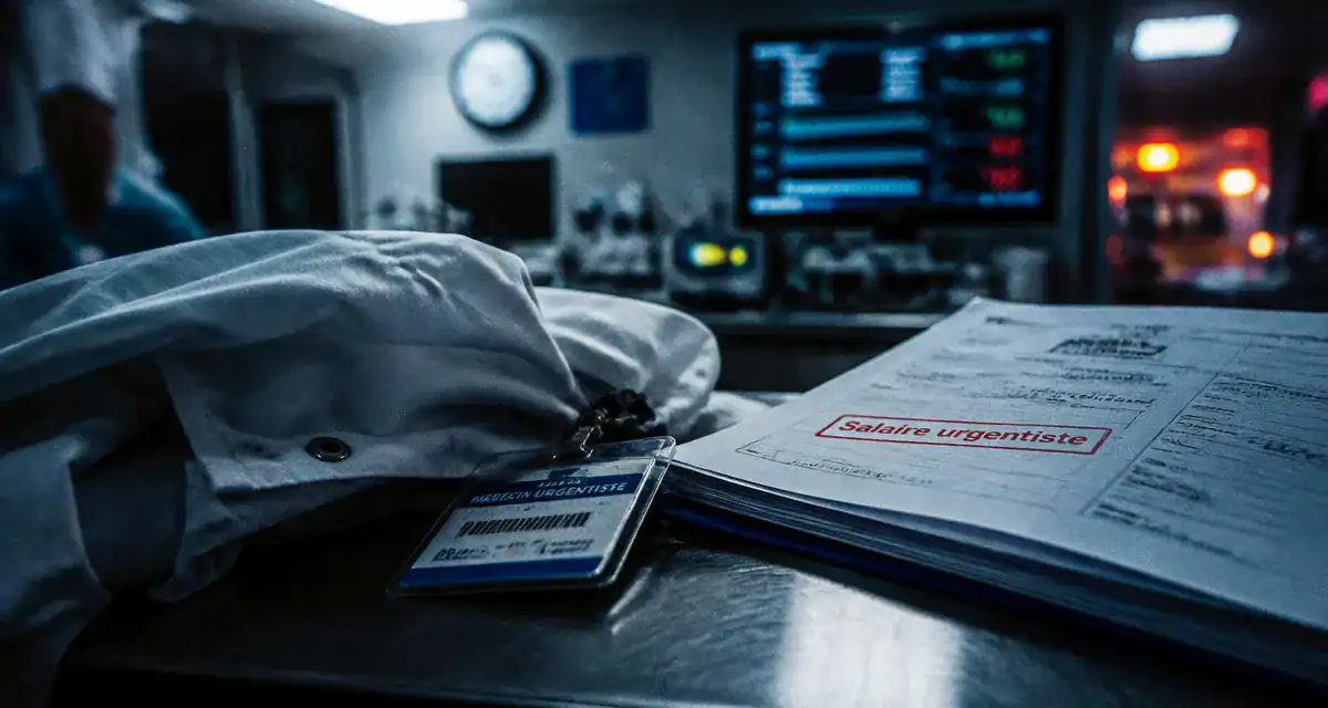 Salaire medecin urgentiste dans un service d’urgences, blouse et badge près d’un dossier