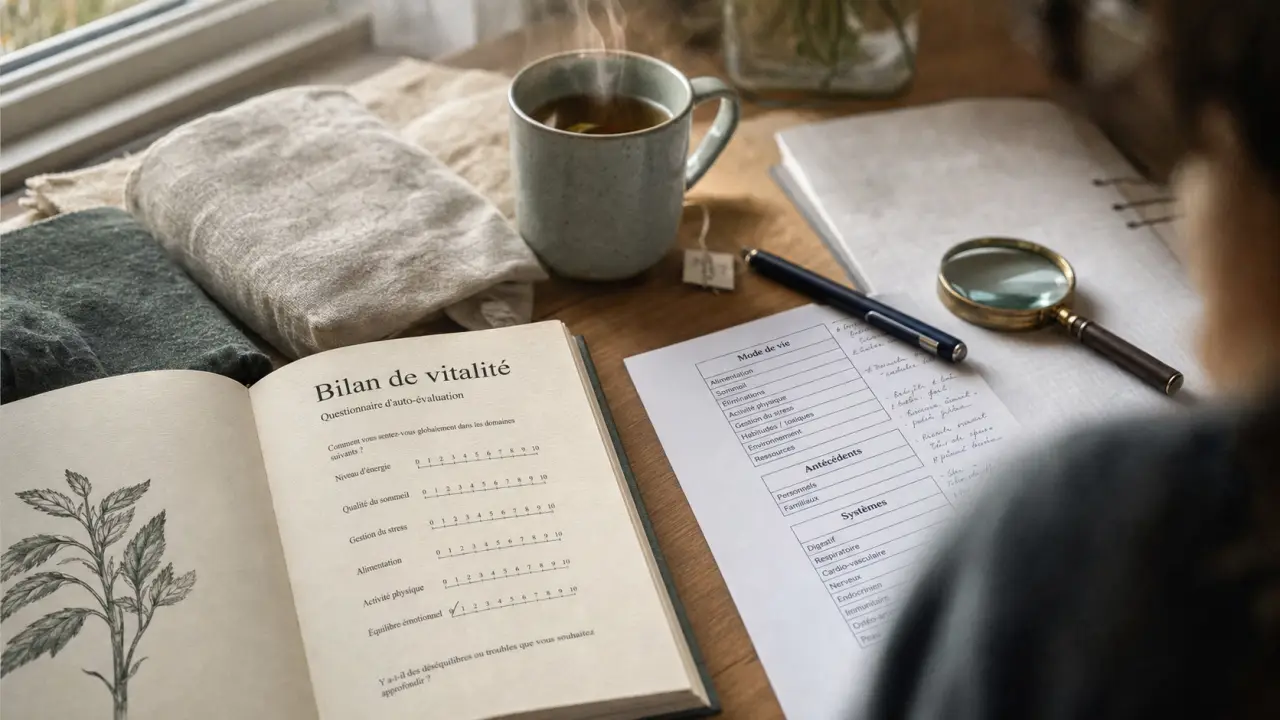 Bilan de vitalité naturopathie PDF : questionnaire sur table