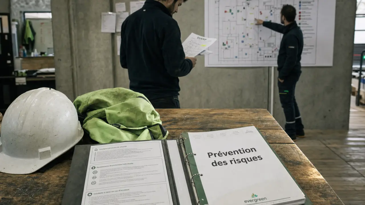 Conseiller prévention vérifie le DUERP, gilet EPI et prévention des risques sur le terrain